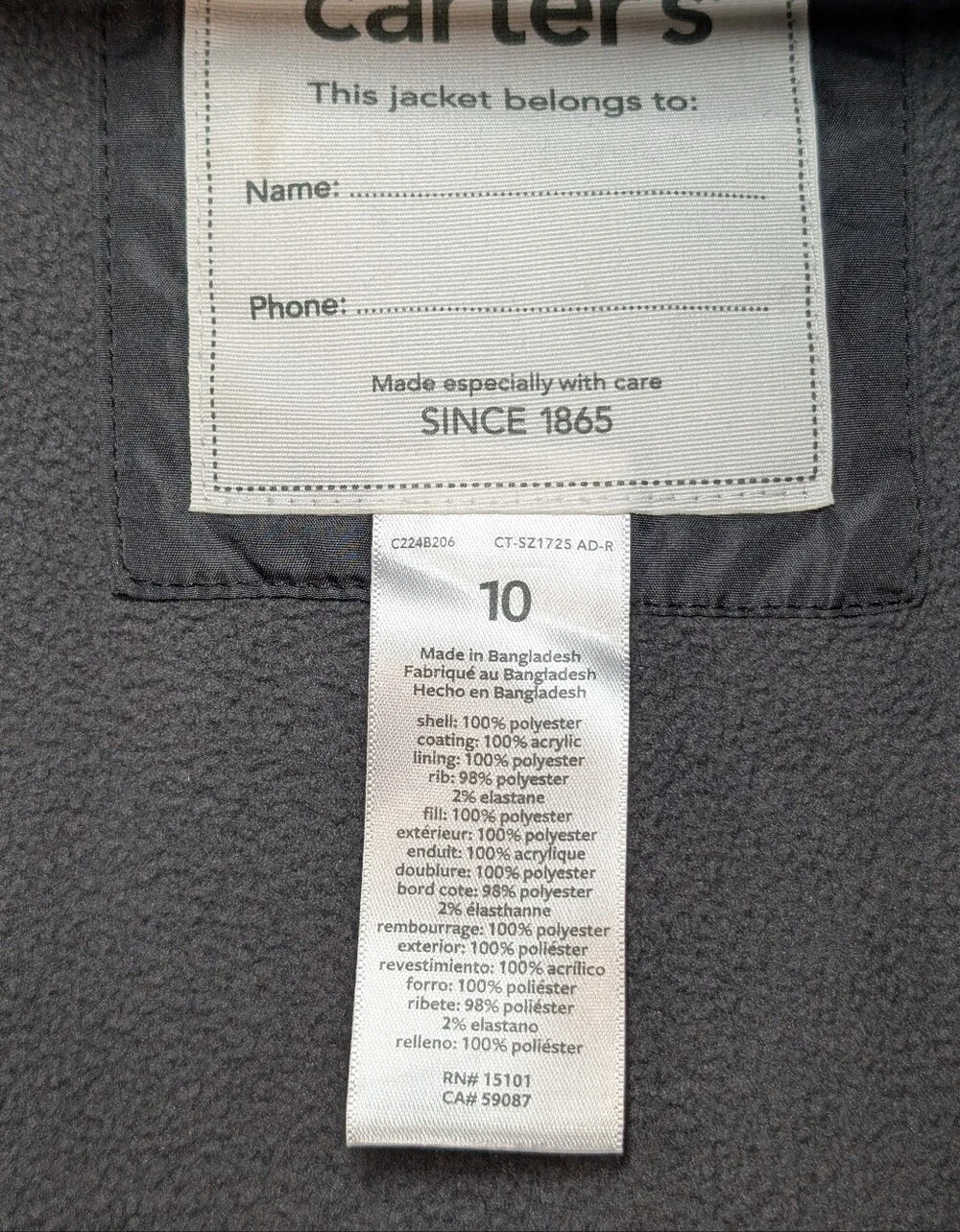 Carter's Kids 10 Gray Quilted Hooded Puffer Jacket Zup Up Fleece Lined